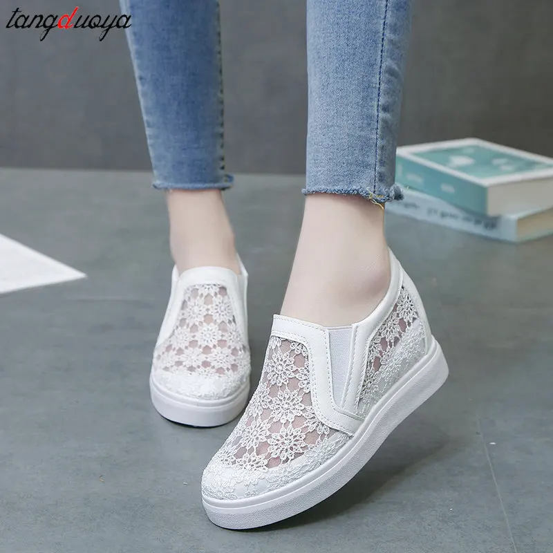 Women Wedge Platform Sneakers Fashion Summer White Casual Shoes women Cutouts Lace Canvas Hollow Breathable Loafers Shoes