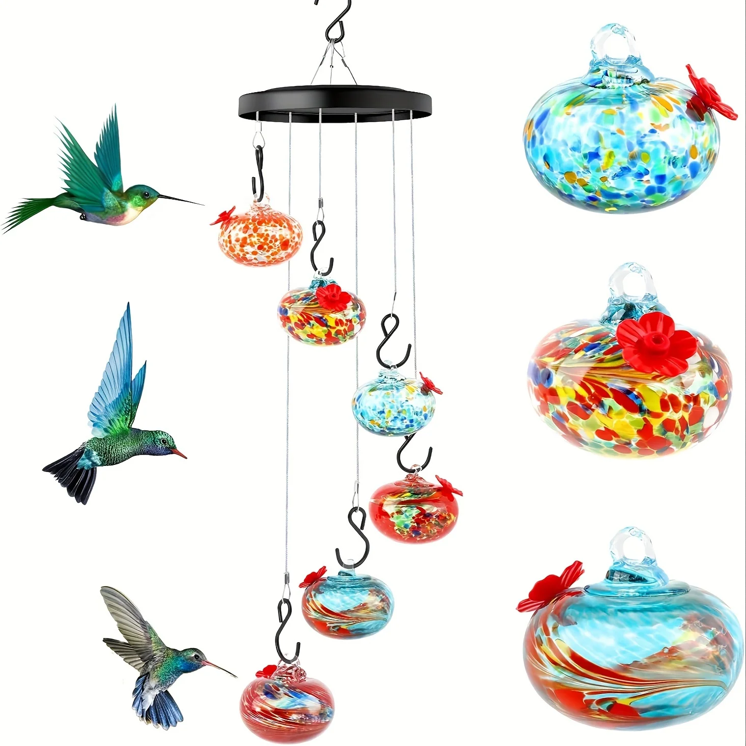 

Glass Artwork Handmade Charming Wind Chimes Hummingbird feeders for Outdoors Hanging ant and bee Proof, Never Leak, Perfect Gard