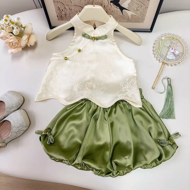 

Girls Suit2025Summer New Style Chinese Style Vest Tank Top with Flower Shorts New Chinese Style Baby Girl Two-Piece Set