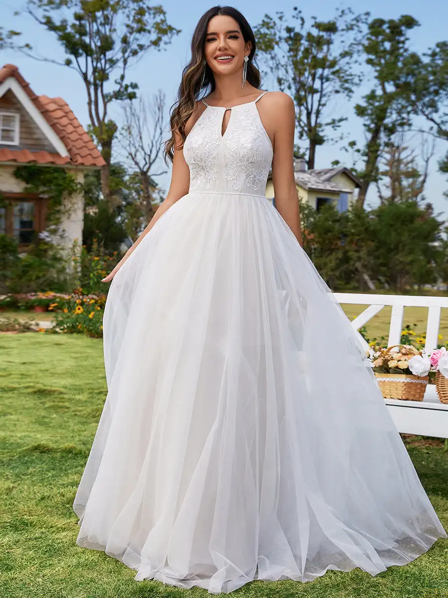 

BAZIIINGAAA Elegant A-Line Floor Length Keyhole Neck Sleeveless Wedding Dress