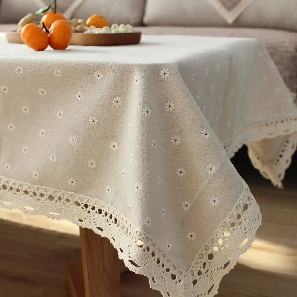 Small Daisy Printed Tablecloth Cotton and Linen Lace Rectangular Table Cloth Bedroom Living Room Wedding Home Nappe De Table