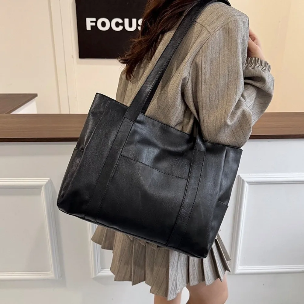Versatile Solid Color Tote Bag Large Capacity Multi Pockets Work Bag PU Leather Casual Bag Work Use
