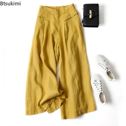 2024 Women's Casual Cotton Linen Wide-leg Pants Skirt Pants Loose Half Elastic Waist Slim Pants Women Streetwear Women Trousers