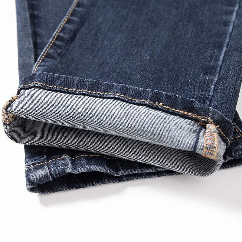 جينز رجالي من Tommu Overstock عالي الجودة على الطراز الأوروبي أزرق عميق للربيع والخريف بقصة ضيقة ينعم صورتك المستقيمة الساق