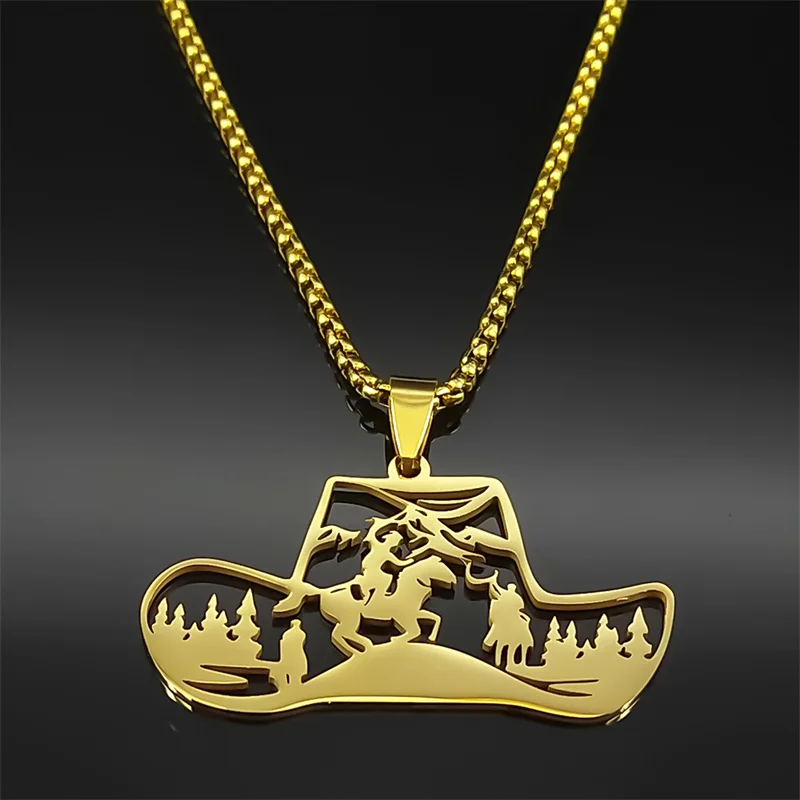Western Cowboy Hut Baum Halskette Für Frauen Männer Edelstahl Silber Farbe Hohl Pferd Tier Männliche Kette Schmuck Geschenke – Detail 7