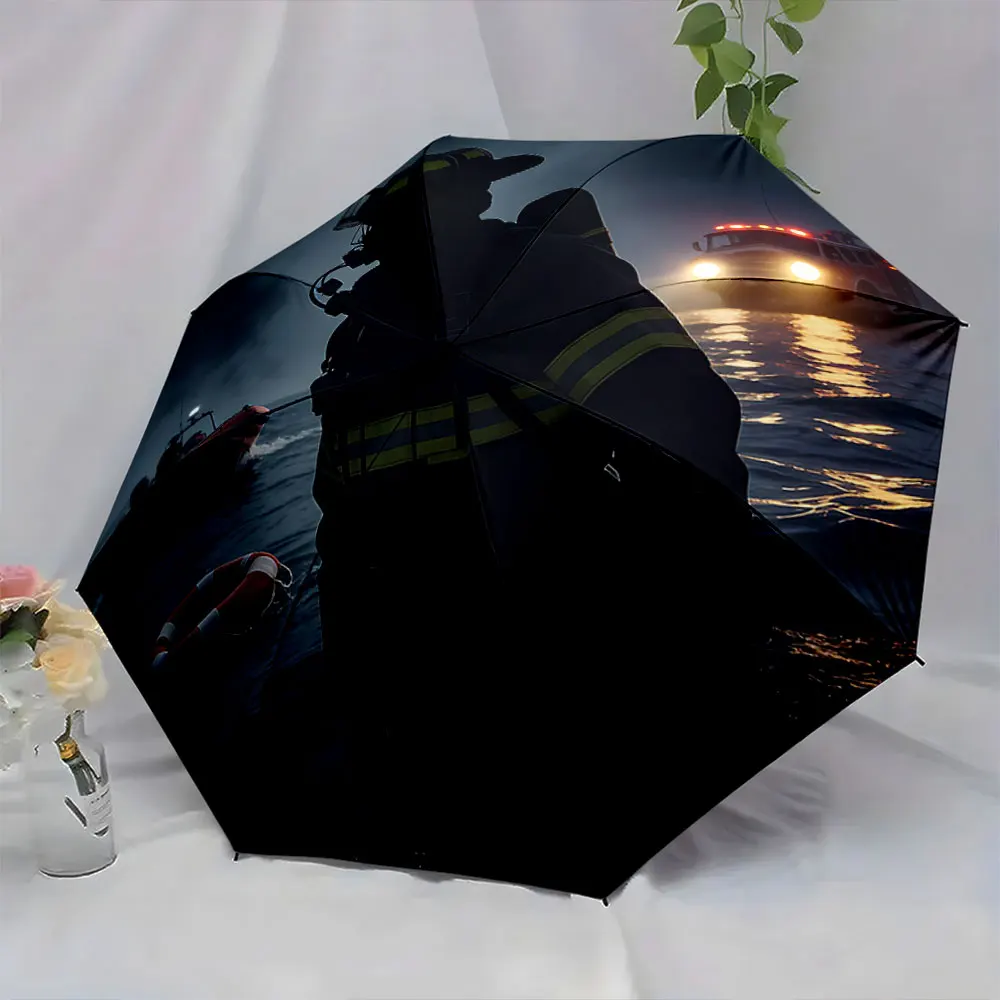 1PC Rescue Scene on Umbrella: Nighttime Emergency Depiction Print 8 Iron Ribs Folding Umbrella Auto-Open Fashion Sunshade