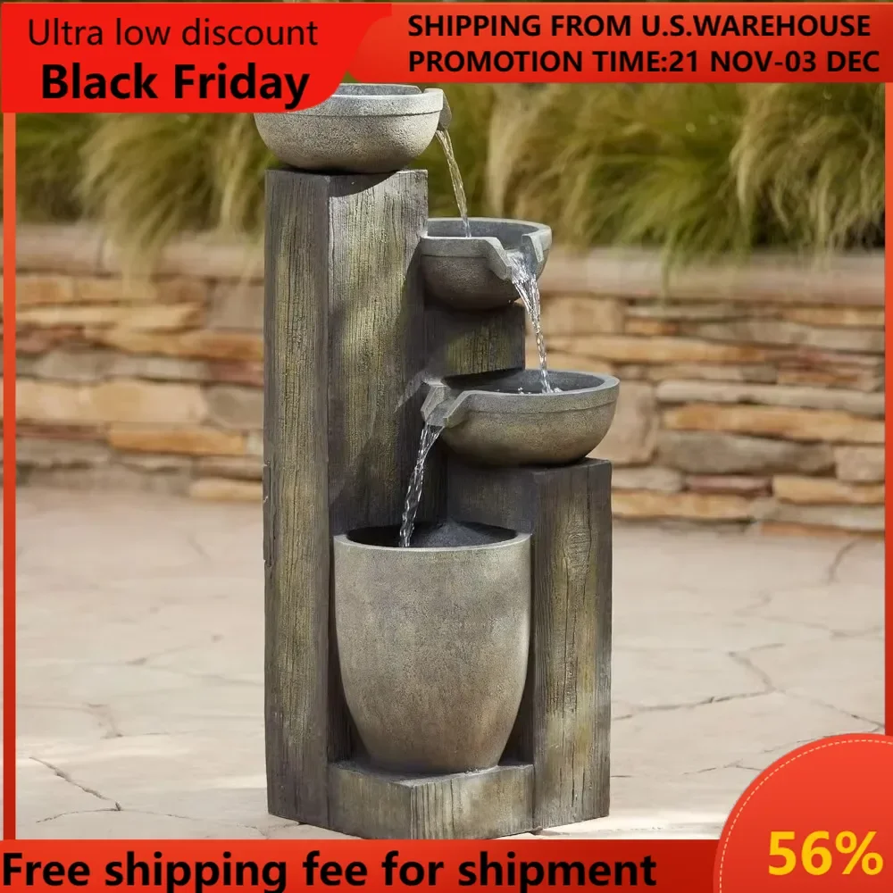 

Four Tier Rustic Outdoor Floor Water Fountain 40 1/2" High with LED Light Cascading Bowls for Garden Patio Backyard Deck Home