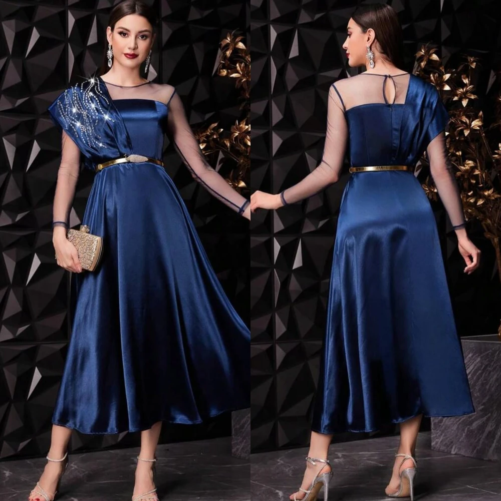 

Jiayigong Satin Beading Draped Sashes Beach A-line O-Neck Bespoke Occasion Gown Long Sleeve Dresses