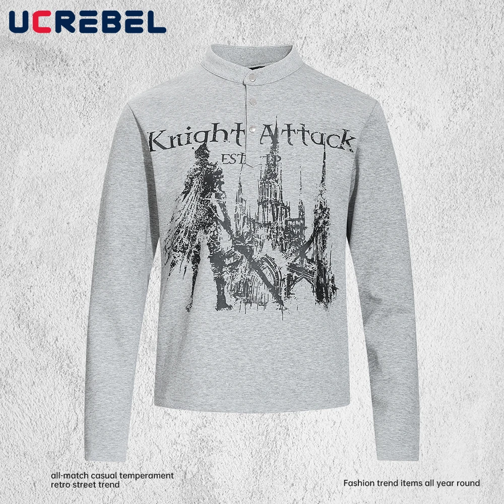 Knight Print Long Sleeve T-shirt Mens Double-sided Printed  Retro High Street Autumn Henley Collar Tshirt Man Tee