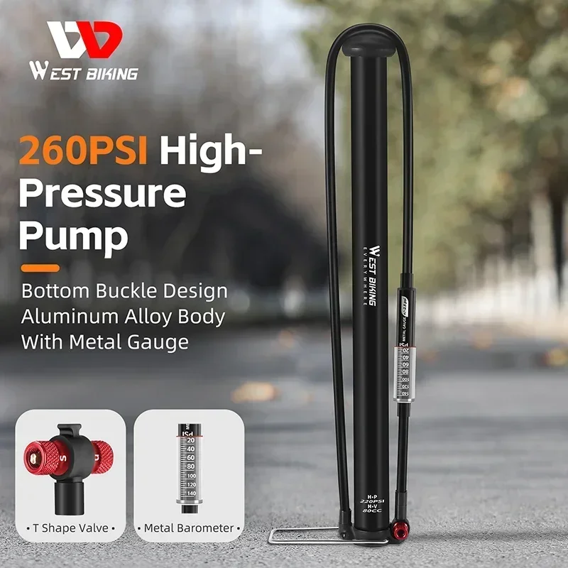 WEST BIKING 260PSI High Pressure Bicycle Pump With Tire Gauge Schrader/Presta Valve Floor Pump Extension Hose Cycling Accesories