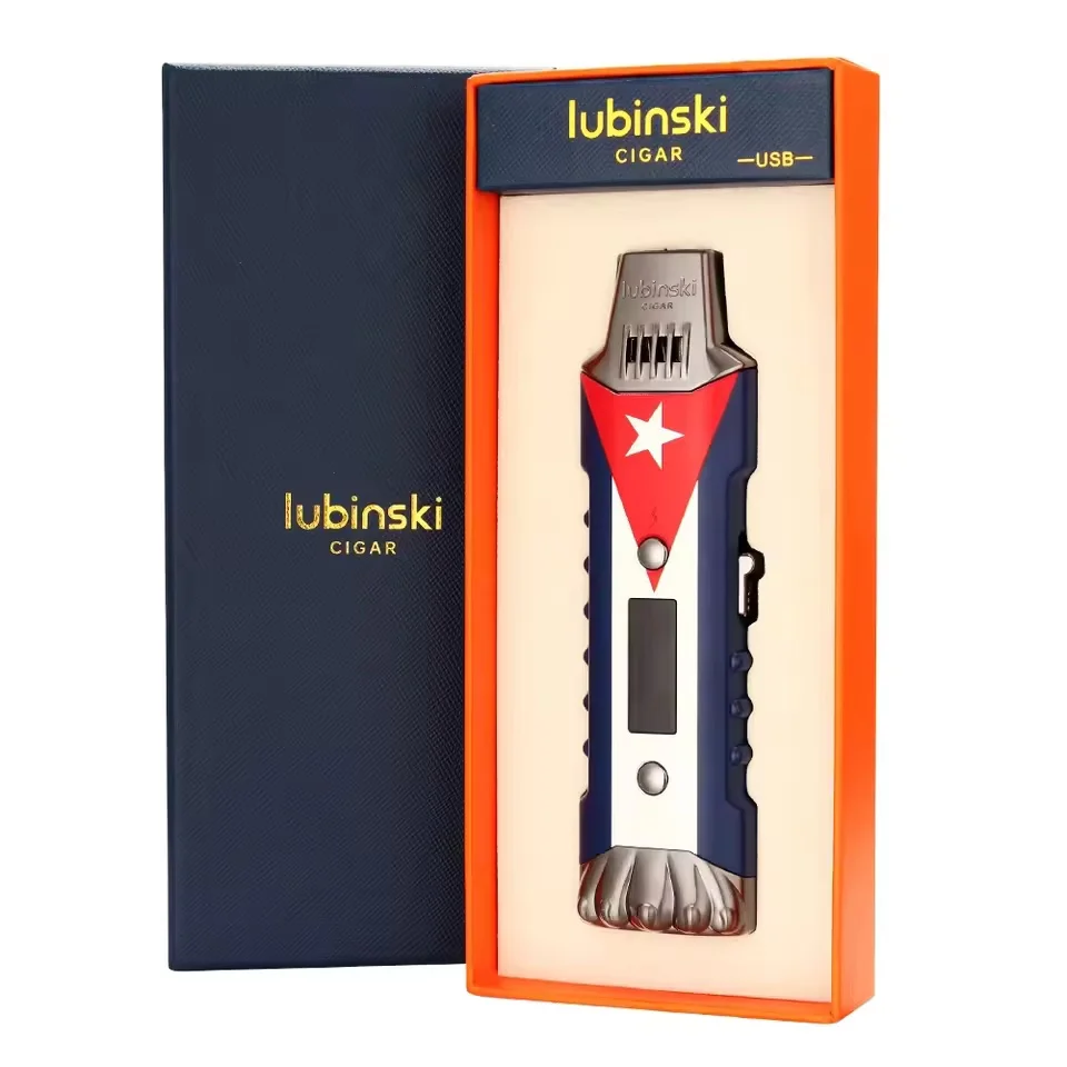 LUBINSKI Outdoor Windproof USB Cigar Jet Lighter with Fluorescent Lamp Metal Gas Electric High Power Arc Pulse Creative Lighter