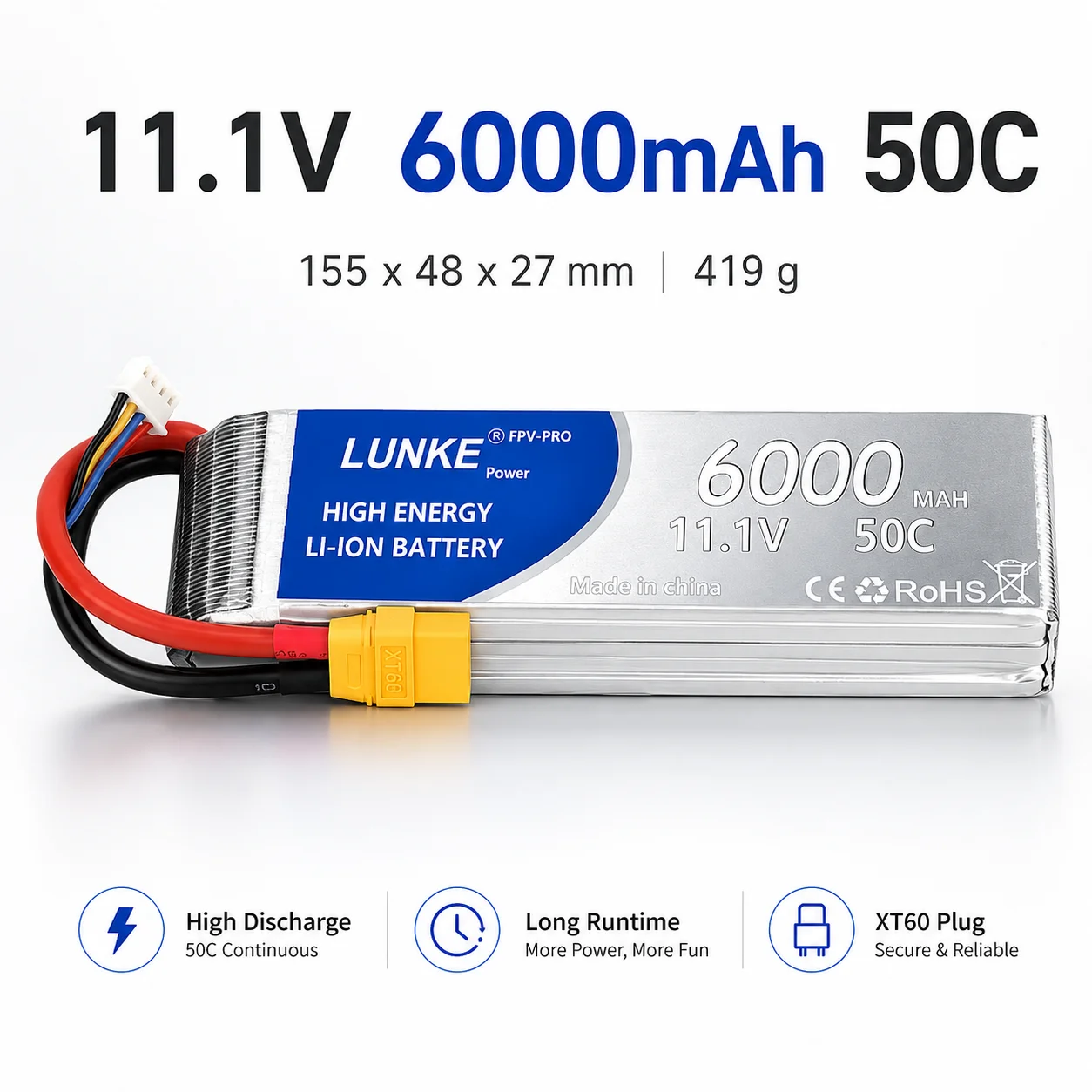 

batterie Lipo 3S, 11.1V, 6000mAh, 50C, XT60, XT90, XT90-S Deans T EC5, pièces d'hélicoptère femelle, avion, voiture, bateau, RC