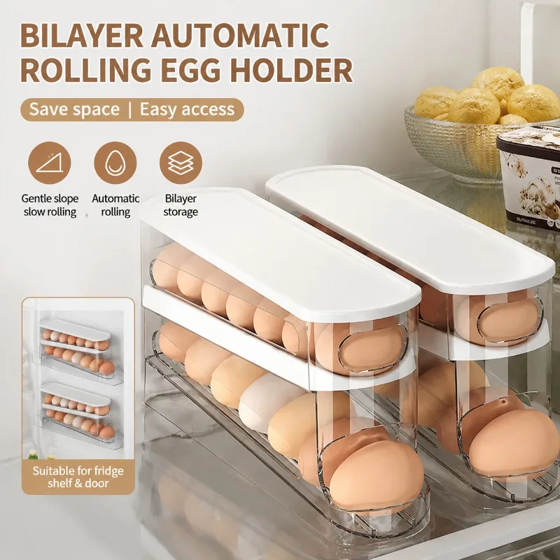 2Tier Automatic Rolling Egg Holder Fridge Storage Box Space Saving Refrigerator Dispenser Kitchen Organizer Rack for Fridge Door