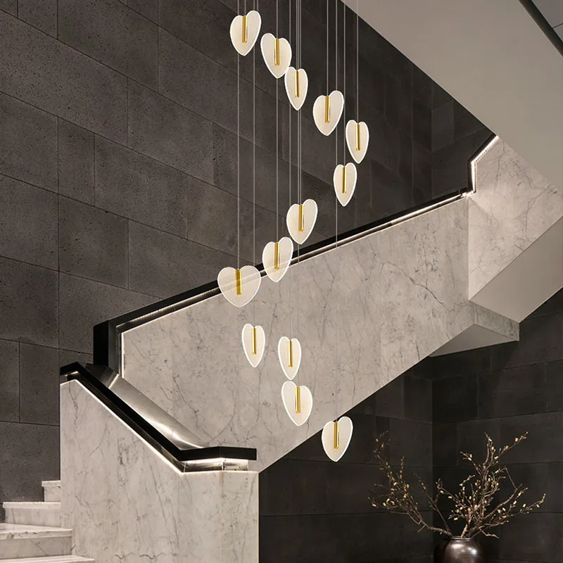 Modern Acrylic Love Chandelier for Staircase Living Room Luxury Crystal Large Gold Lighting Fixture Long Indoor LED Hanging Lamp