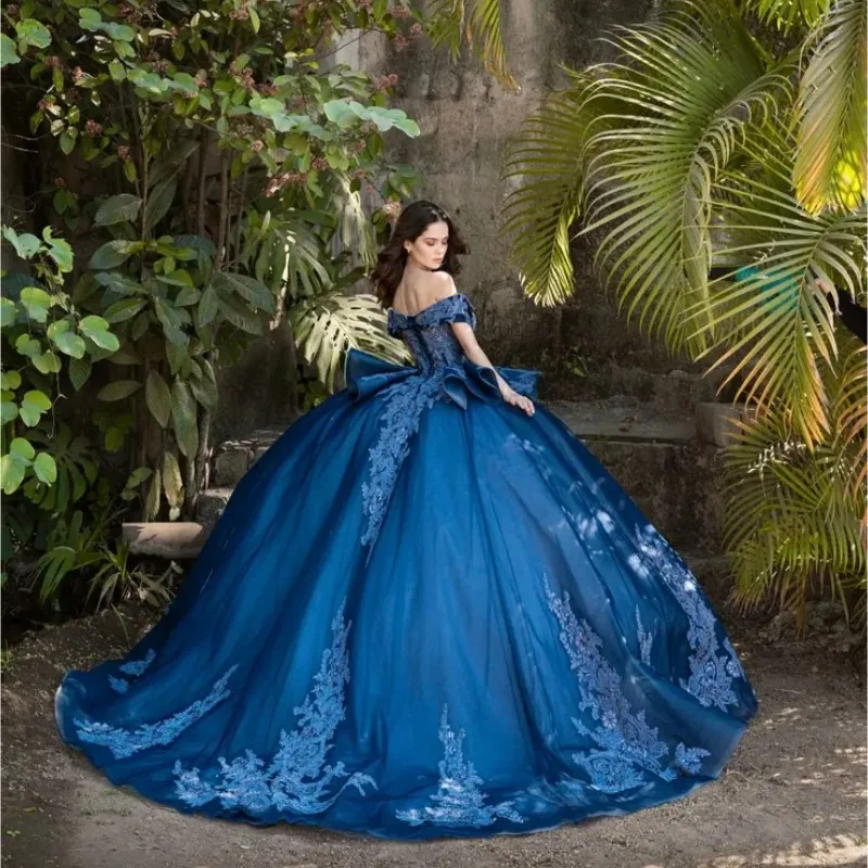 Doymeny-Robe de Rhen dentelle avec appliques en tissu bleu marine, robe de Quinceanera perlée, robe Sweet 15 personnalisée, robe éducative