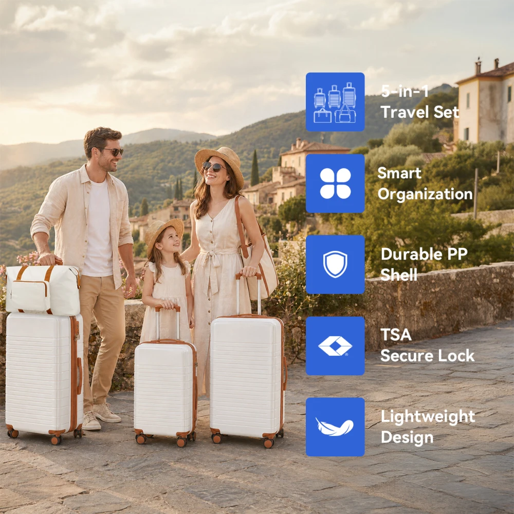 5 Piece PP Hard Shell Luggage Set 20/24/28 Inch Travel Suitcase with TSA Lock Silent Spinner Wheels Family Trolley Luggage