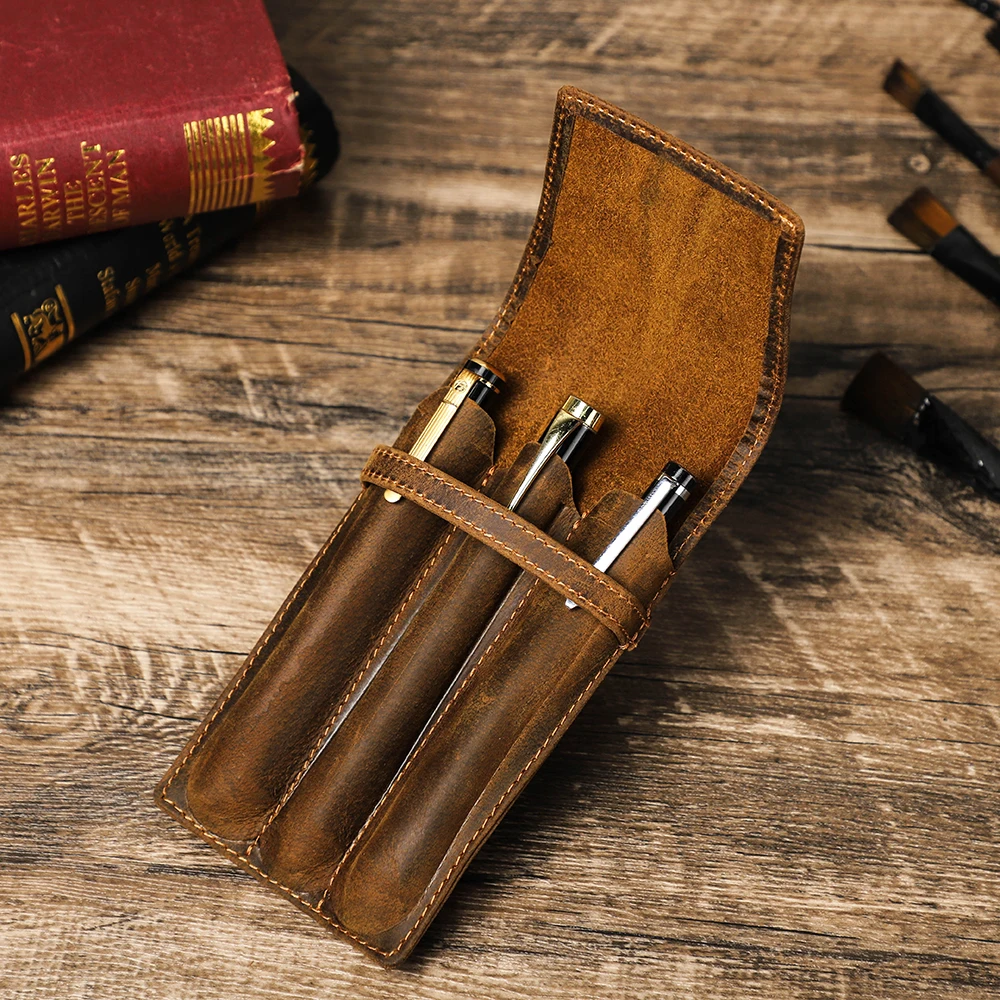 

Handmade Crazy Horse Leather 1/2/3 Slots Pen Case Organizer Pocket Pen Holder Case for Adult Office School Vintage Retro Style