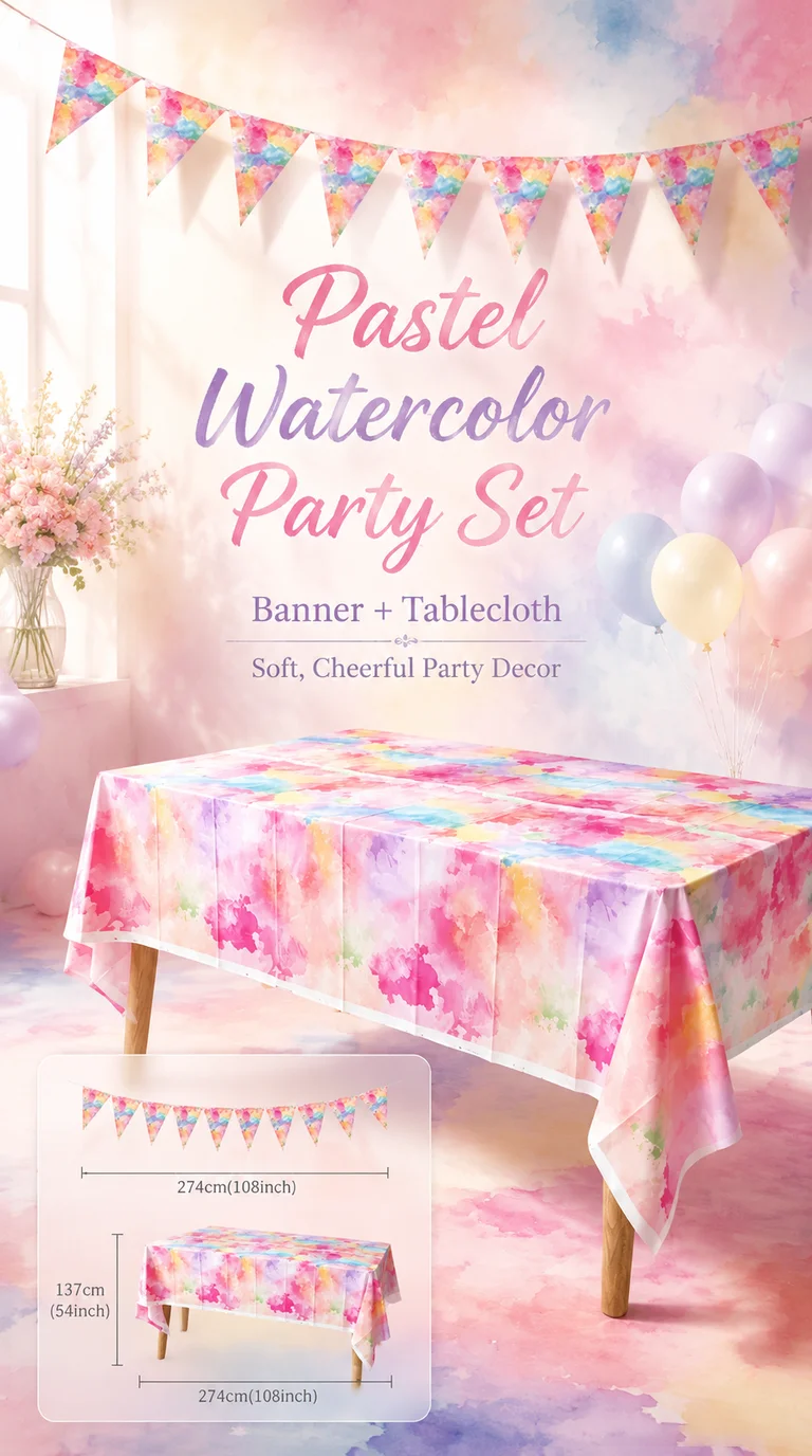 Watercolor Rainbow Disposable 137×274cm Tablecloth, Waterproof Tie-Dye Style Table Cover for Birthday & Party Decor
