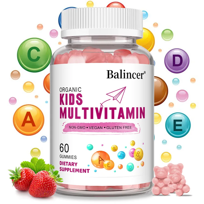Multivitamina infantil orgánica, 60 gomas, veganas, solo 2 gomas al día, suplementos con vitaminas A, C, D, E, B6, B12 y zinc