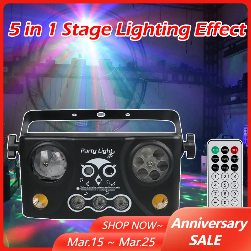 

DMX Laser Projector Strobe Magic Ball 5 IN 1 Stage Lighting Effect DJ Disco Holiday Dance Wedding Party Lamp with Remote Control