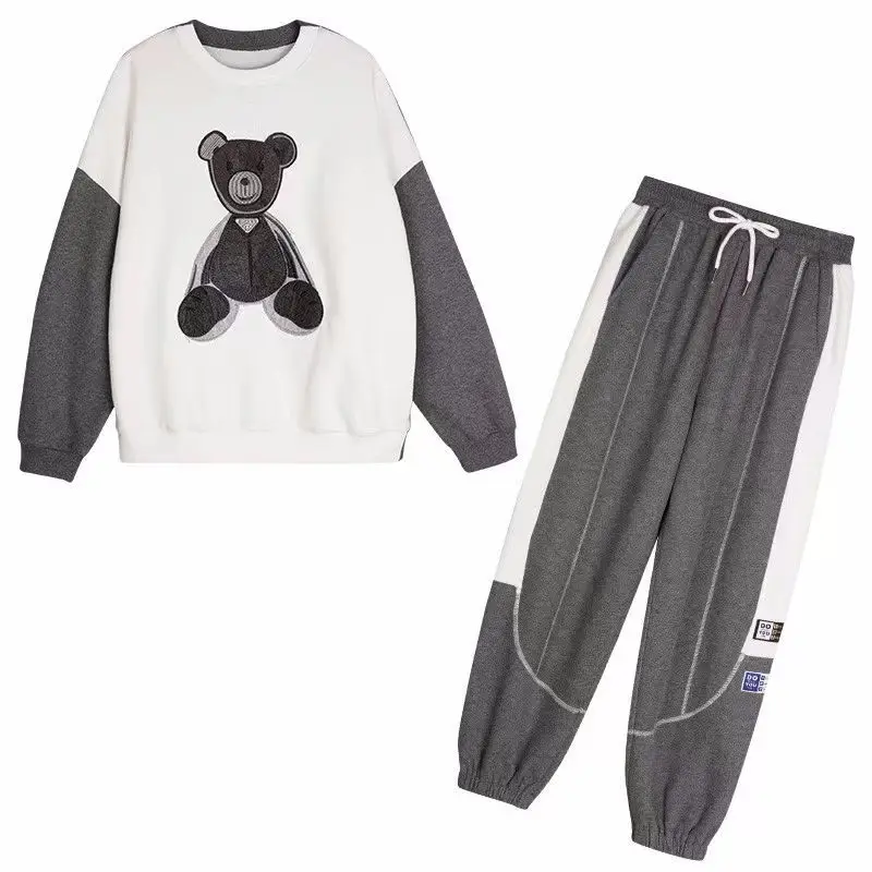 Conjunto esportivo de urso coreano feminino, top casual e calças, redução de idade, moda primavera e outono, novo, 2 peças, 2023