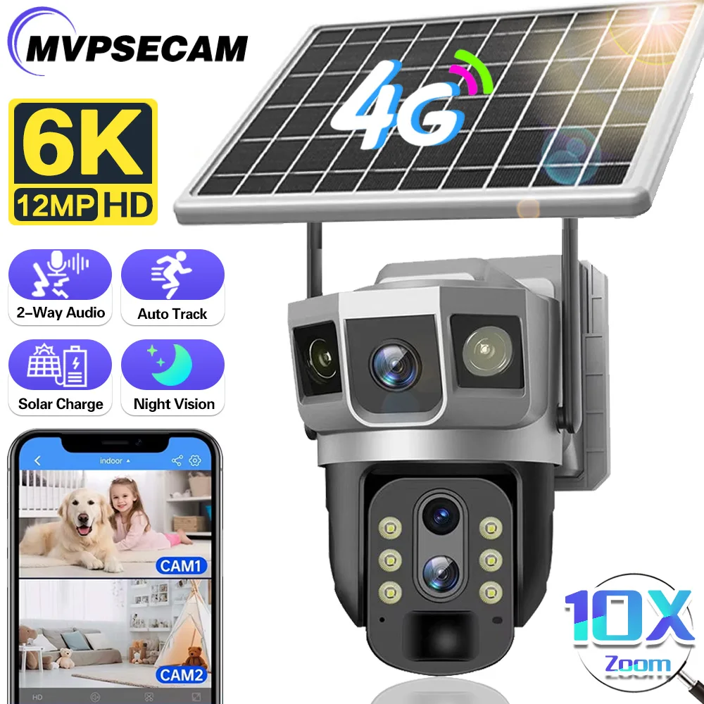 6K 12MP 4G SIM Karte Solar 10X Zoom Kamera Drahtlose Outdoor Wasserdichte PTZ Solar Kamera Gebaut in Batterie CCTV Sicherheit V380Pro