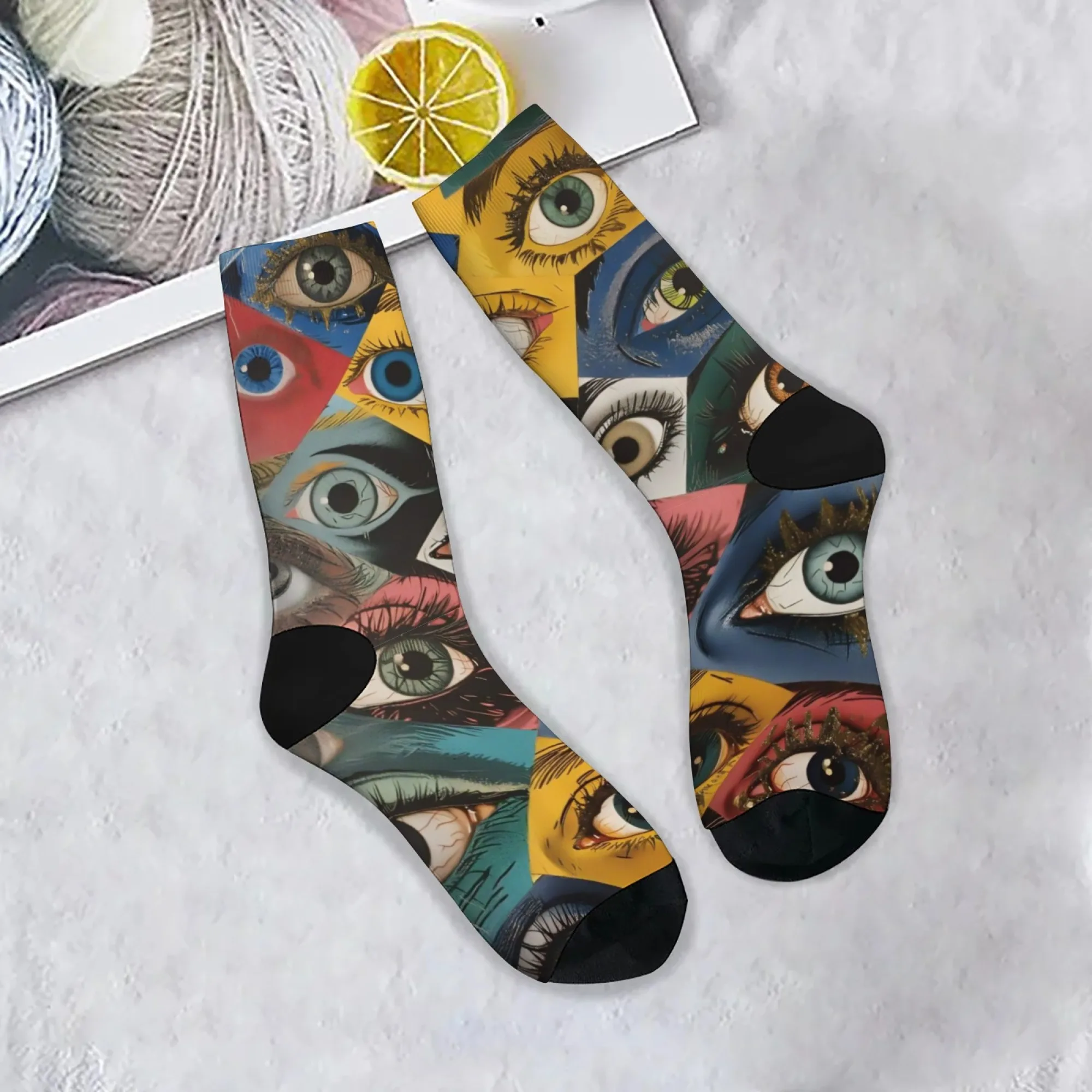 Harajuku Retro Eyes Collage Art Print Socks Comfortable Breathable Non-slip Casual Men's Socks Street Hip Hop Crew Socks Gift