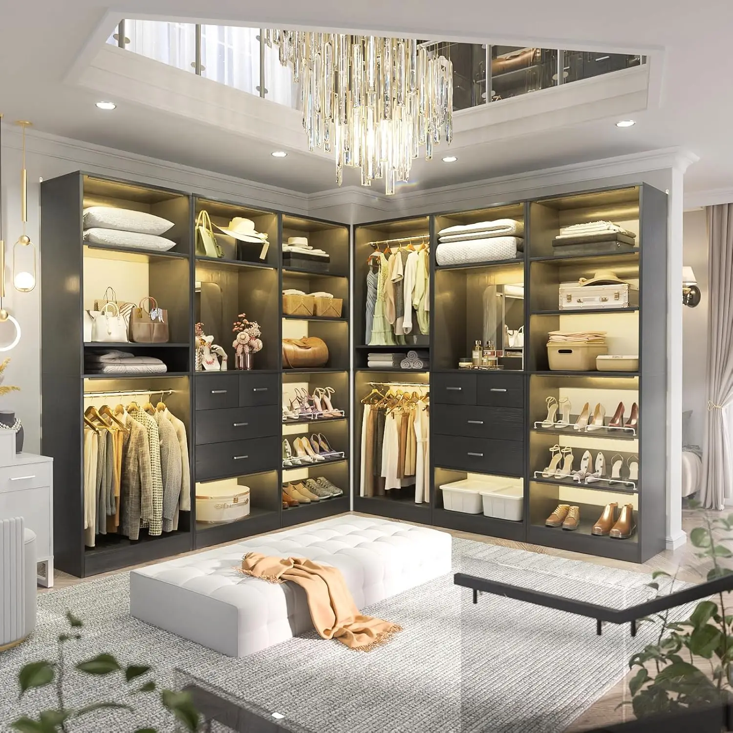 Unikito 75 Inch Closet Organizer System, Freestanding Closet Wardrobe With Hanging Rods And Drawers, Adjustable Shoe Storage