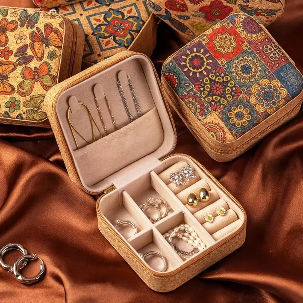 Retro Portable Jewelry Storage Box Zipper Closure Mini Jewelry Organizer Layered Jewelry Display Case Ring Earrings