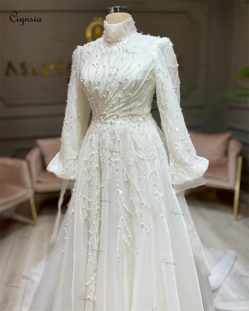 Ciynsia Moroccan Muslim Bridal Gowns Long Sleeves Plus Size Wedding Dresses for Bride A-Line Pearls Vestido De Noiva Casamento