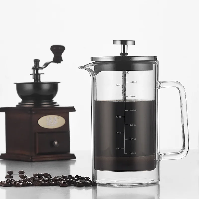 300ML/600ML Double Layer French Press Pot Hand Brewing Coffee Filter Press Pot Heat-Resistant Tea Maker Coffee Pot