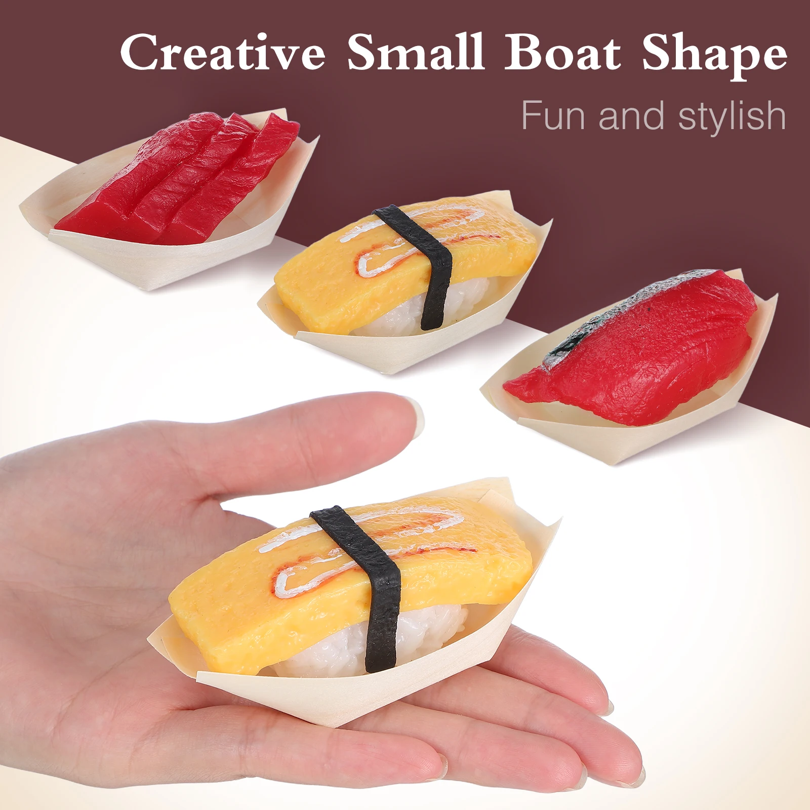 

50Pcs Sushi Wood Boat Mini Wooden Snack Containers Stackable Boat Shape Food Bowls for Sashimi Dessert Serving
