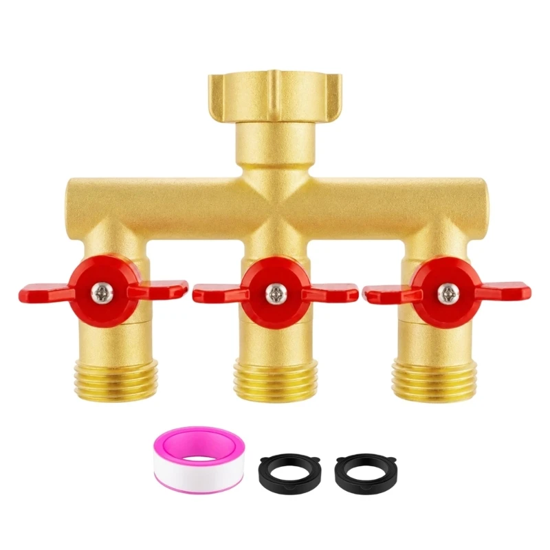 3 Way Garden Hose Divider Brass Manifold with 3 Shut Off Valves, 3/4 Inch Thread Faucet Branch for Garden Watering M4YD