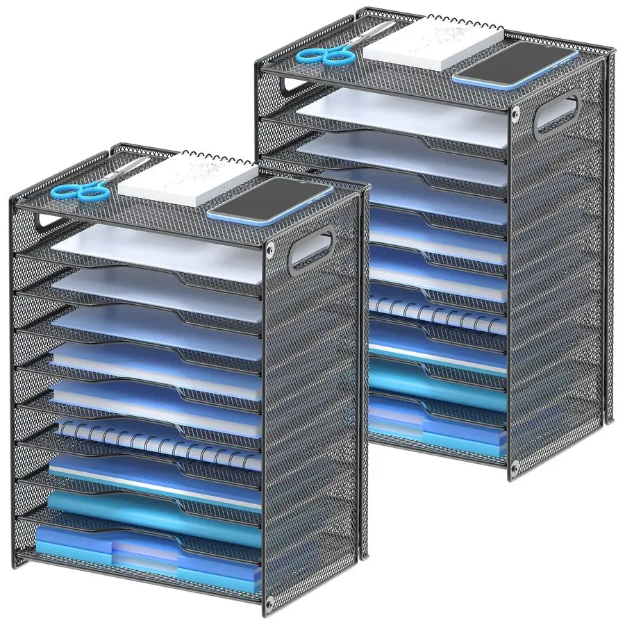 

10-уровневый органайзер для бумаги, лоток для писем, сетчатый настольный органайзер для файлов с ручками для офисного школьного рабочего стола, черный, 2 шт.