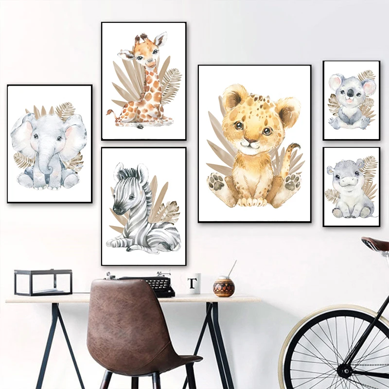 Custom Name Posters Jungle Animal Lion Elephant Giraffe Zebra Nursery Wall Art Prints Canvas Painting Pictures Kids Room Decor