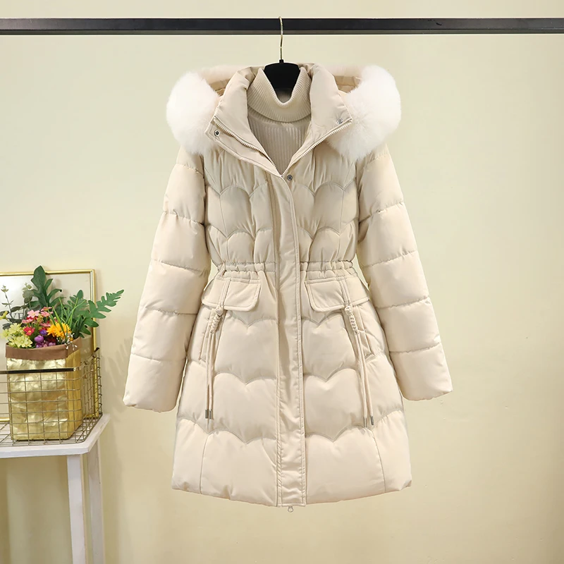

Женская зимняя хлопковая куртка средней длины Thiened с меховым воротником, утягивающая дизайнерская съемная шапка, корейская длинная све