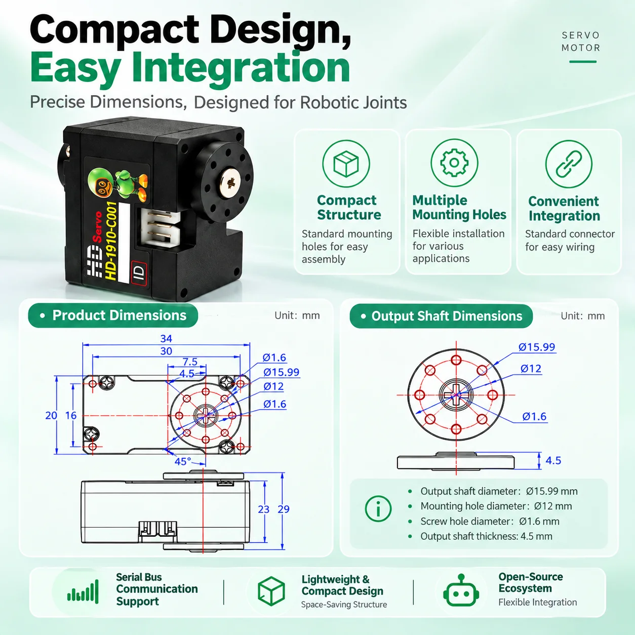 FeeTech HD1910 12kg 6V Coreless Metal Gear Double Axis Servo Sim2Real Pure PD Mode Replacement for Microduck Robot Joint Actuato