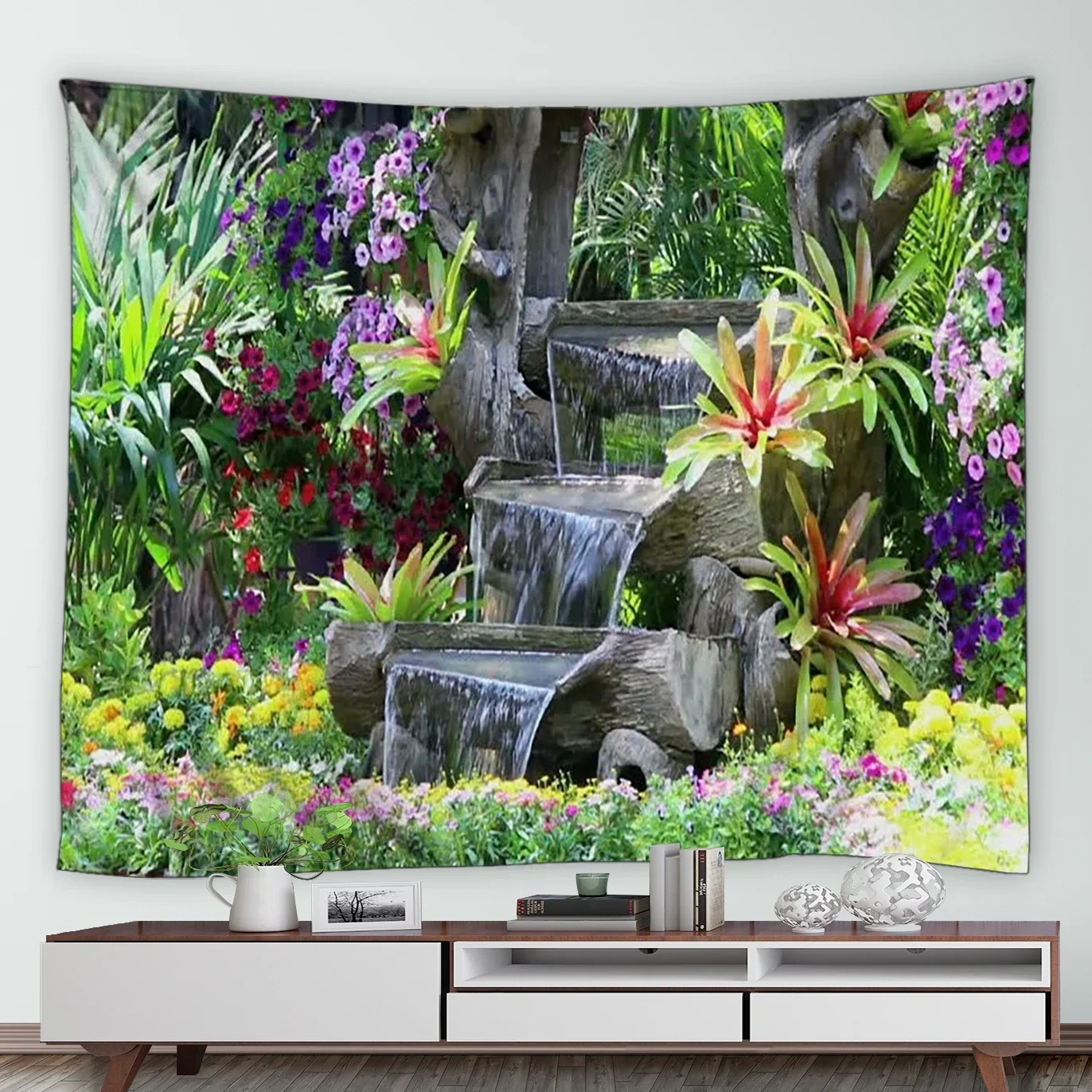 Tropical Garden Landscape Tapestry Waterfall Flowers Trees Retro Brick Vines Plant Park Nature Scenery Home Decor Wall Hanging