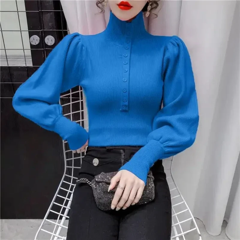 Autumn New Long Sleeve Slim Pullovers Solid All-match Button Simplicity Elegant Sweaters Fashion Temperament Women Clothing