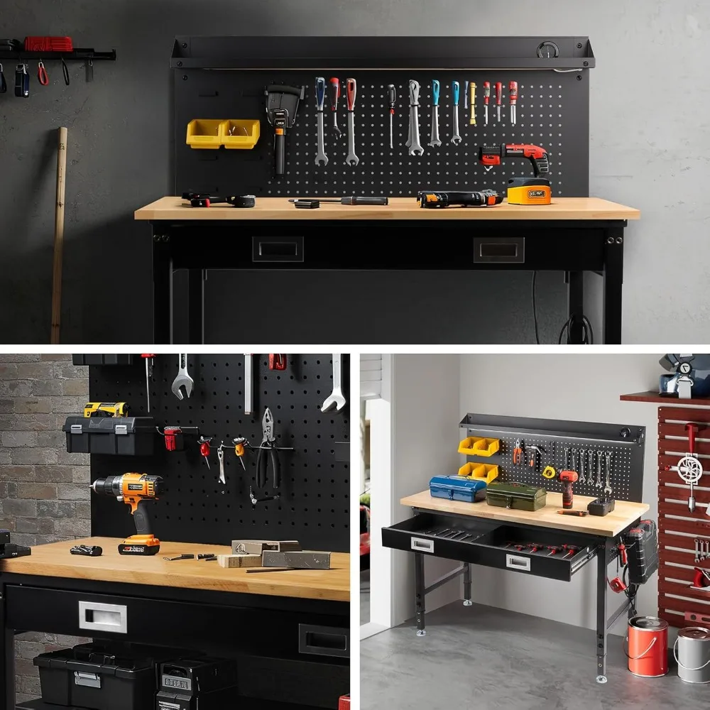 Adjustable Heavy Duty 2000 LBS Workbench with Drawers, Large Pegboard, and Strip Lighting for Garage Use