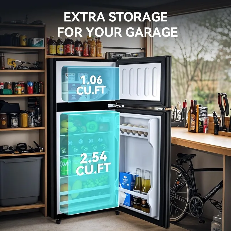 3.6 Cu.Ft Fridge with Freezer, Double Door Refrigerator with 6 Level Thermostat, LED Light, Adjustable Glass Shelves for Bedroom