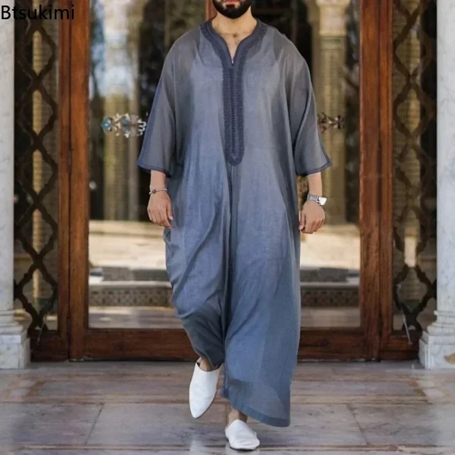 New Men Muslim Jubba Thobe Patchwork Striped V Neck Long Sleeve Caftan Dubai Robe Vintage Islamic Arabic Men Kaftan Men's Gift