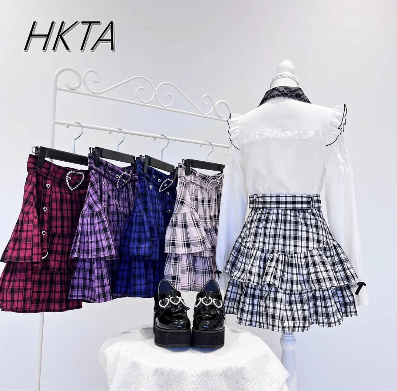 Saia xadrez japonesa com tudo para mulheres, meninas, pettiskirt pequena e doce, cintura alta, saias plissadas curtas, verão e outono, nova