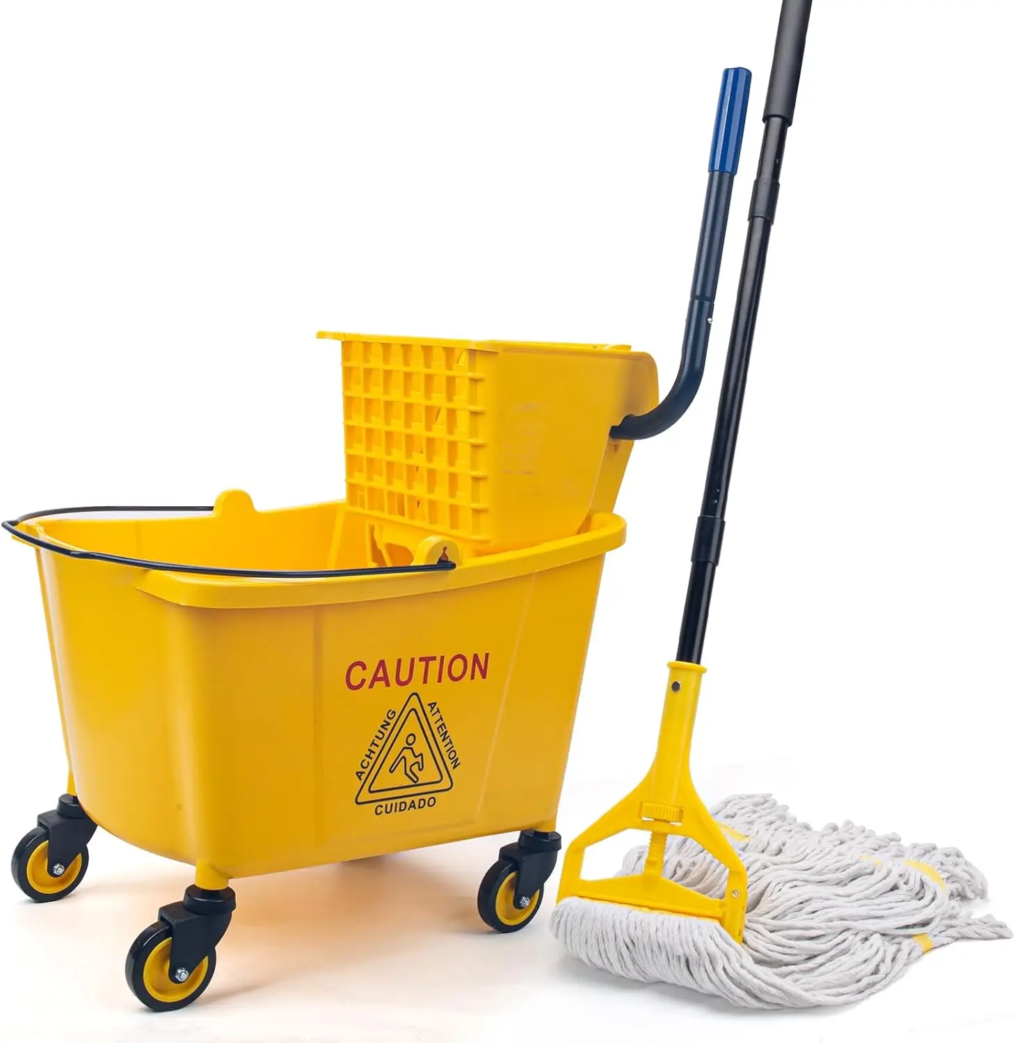 

35 Quart Commercial Mop Bucket with Press Wringer on Wheels, Yellow, Includes Heavy Duty Industrial Mop for Floor Cleaning