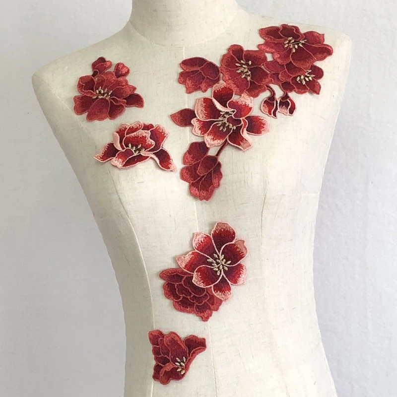 

Magnolia Flower Embroidery Applique Set Dress Cheongsam Clothes DIY Sewing Decoration Craft Accessories Red Flowers Patch
