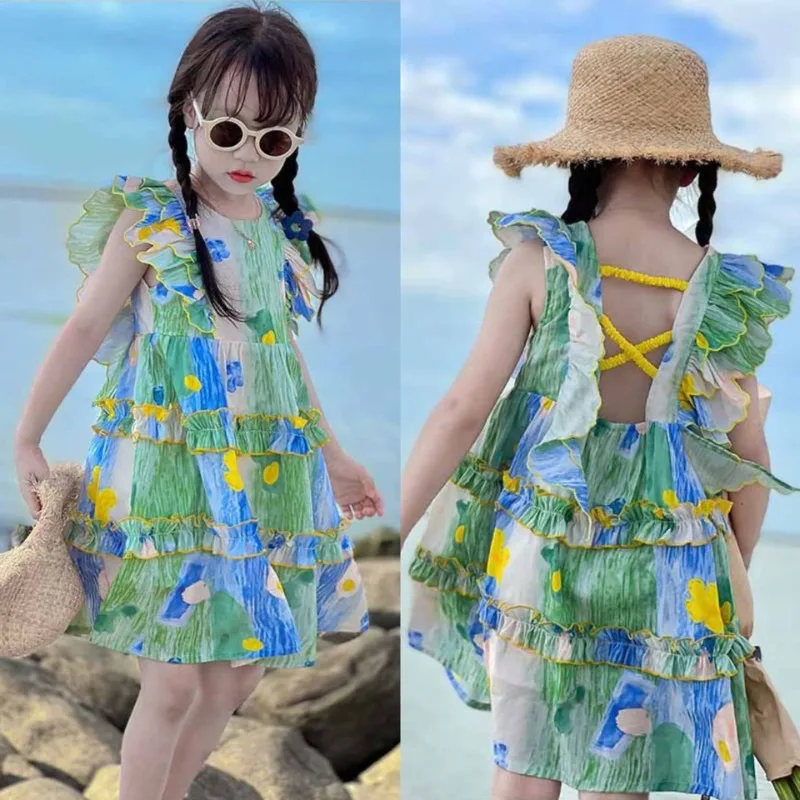

Print Sleeveless Princess Girls' Dress Backless Summer Children's 2024 New Fashionable Children's Clothing Summer Straps Dresses