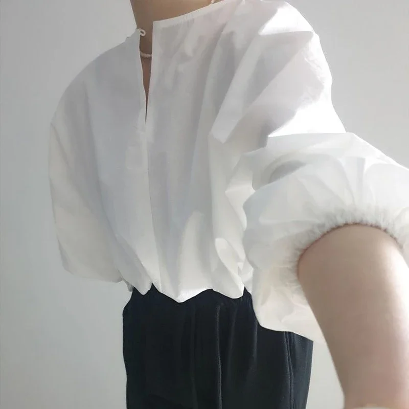 Elegant Cropped White Shirts Women Vintage Korean Lantern Sleeve Blouses Office Ladies Aesthetic Casual All Match Chic Tops New