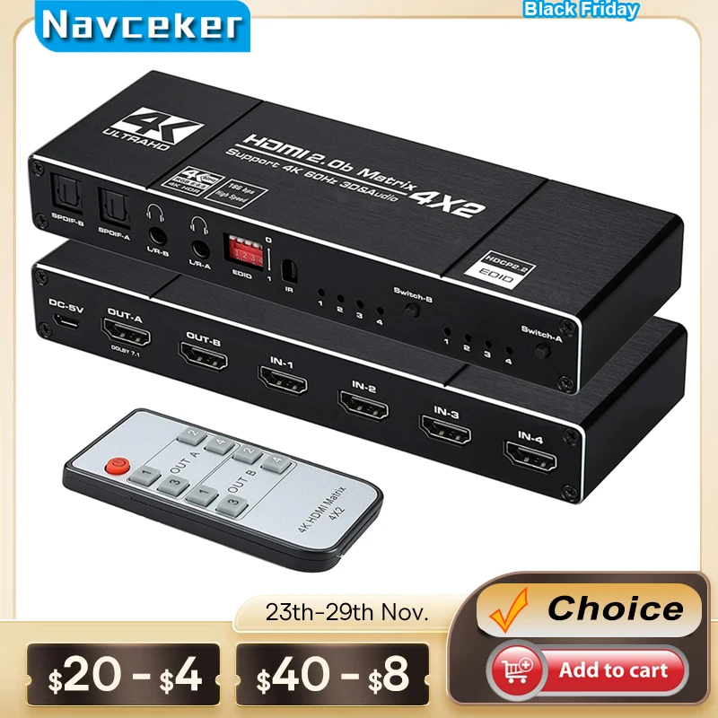 2023 4x2 macierz HDMI przełącznik Splitter 4 w 2 na 2 na zewnątrz ze SPDIF L/R 3.5mm HDR HDMI-kompatybilny przełącznik 4K @ 60Hz dla PS5