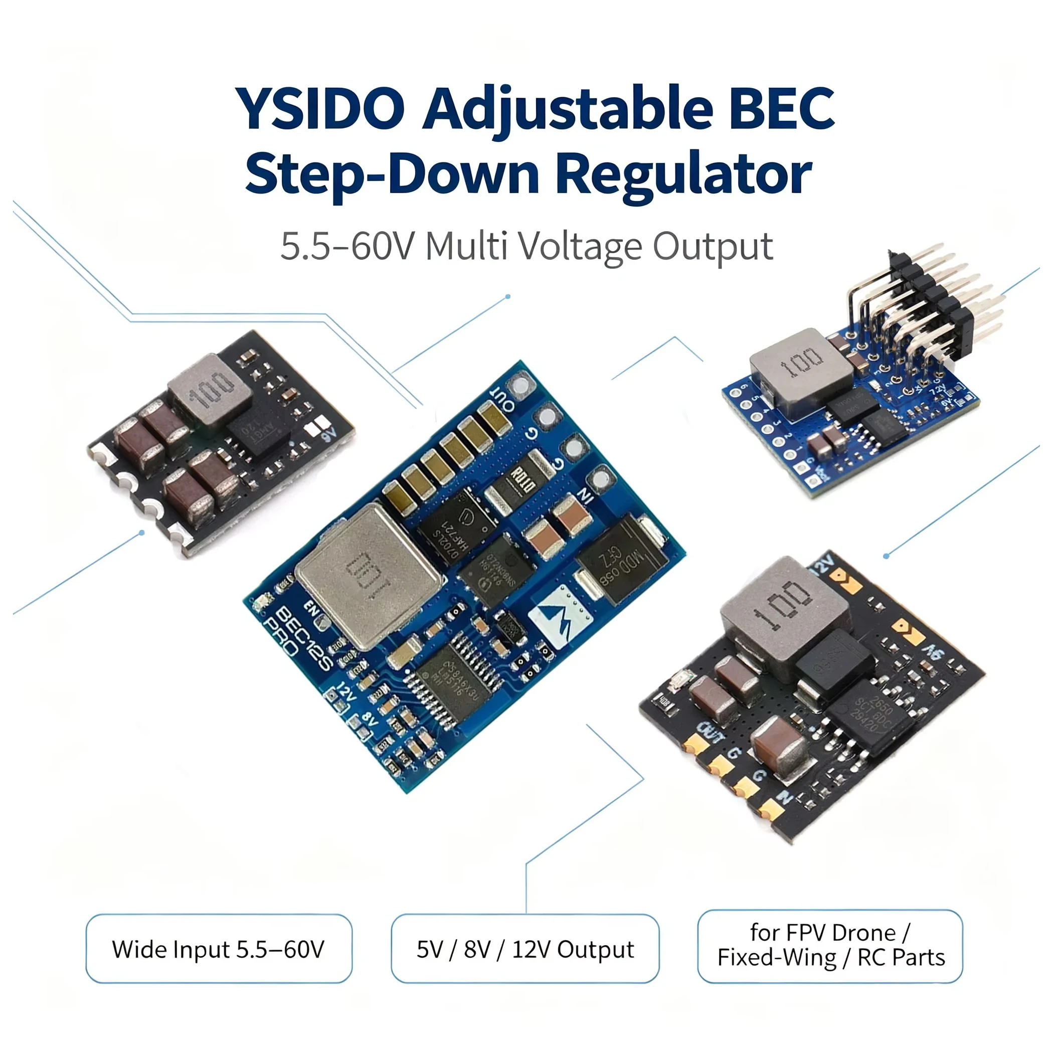 YSIDO Adjustable BEC Step-Down Regulator 5.5-60V Multi Voltage Output for FPV Drone Fixed-Wing RC Parts
