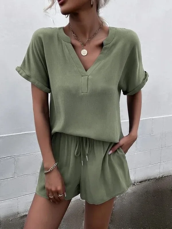 

Spring Summer New Solid Color V-neck Loose T-shirt + Shorts Home Casual Suit Women Clothing